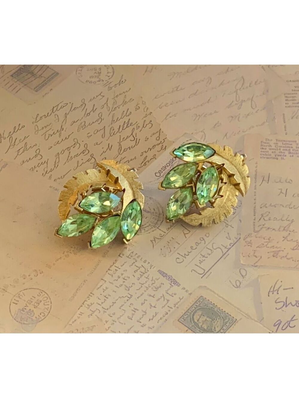Trifari Vintage Green Rhinestone Leaf Clip-On Earrings